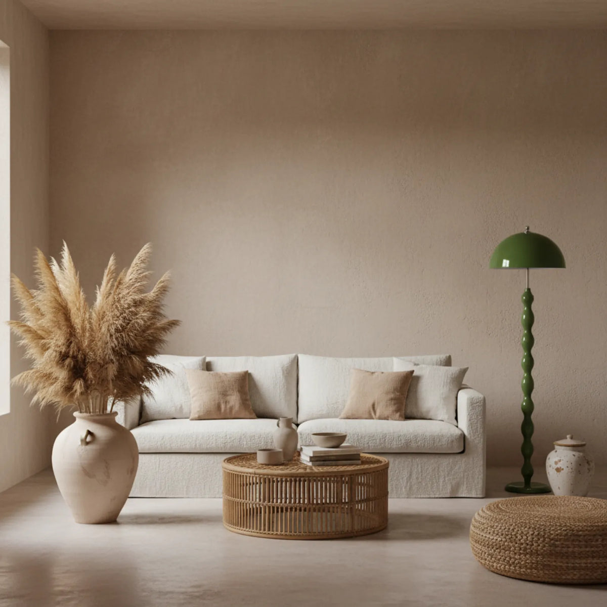 Lampadaire vert olive à côté d'un canapé blanc, dans un salon beige épuré avec table en rotin