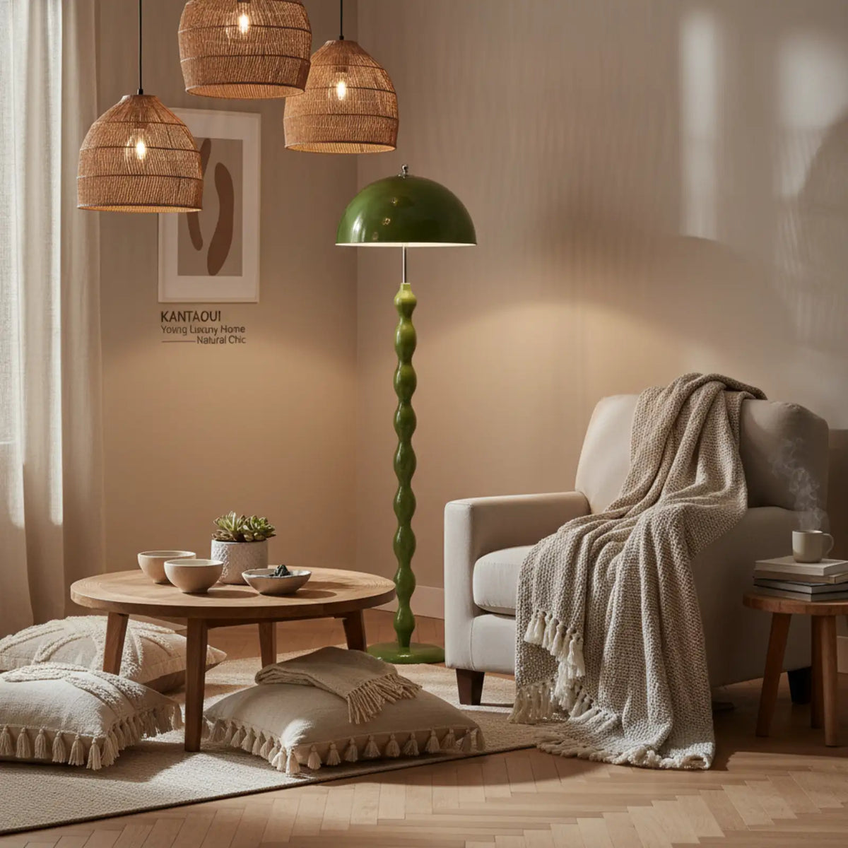 Lampadaire vert olive allumé à côté d'un fauteuil, sous des suspensions en rotin, dans un salon cosy