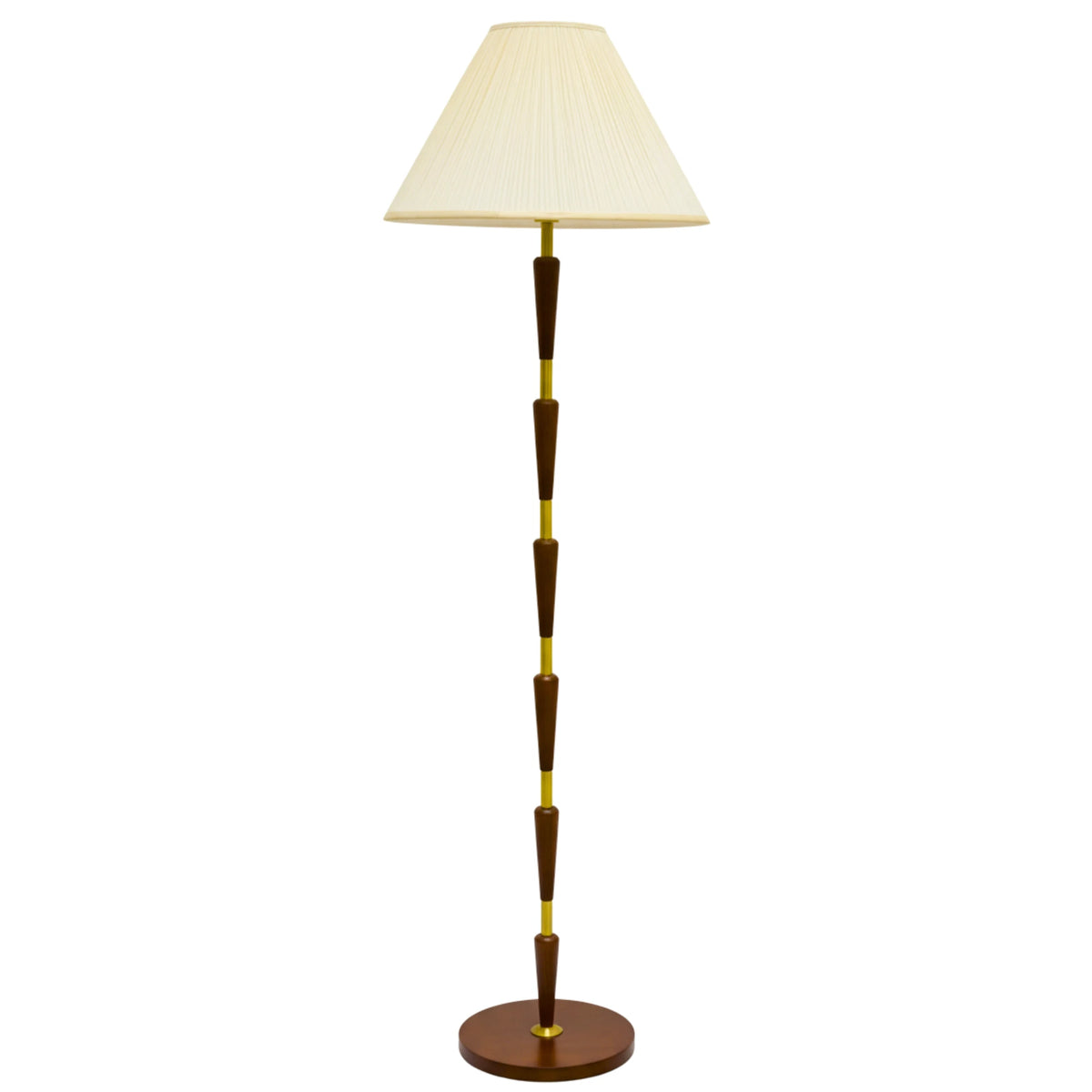 Lampadaire Mid-Century Laiton & Noyer – Abat-jour Plissé Crème