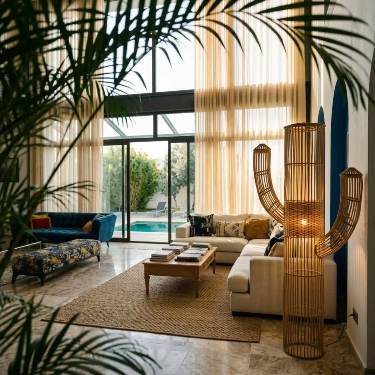 Lampadaire cactus allumé vu à travers des palmes, près d'un canapé d'angle beige et d'une table basse en bois