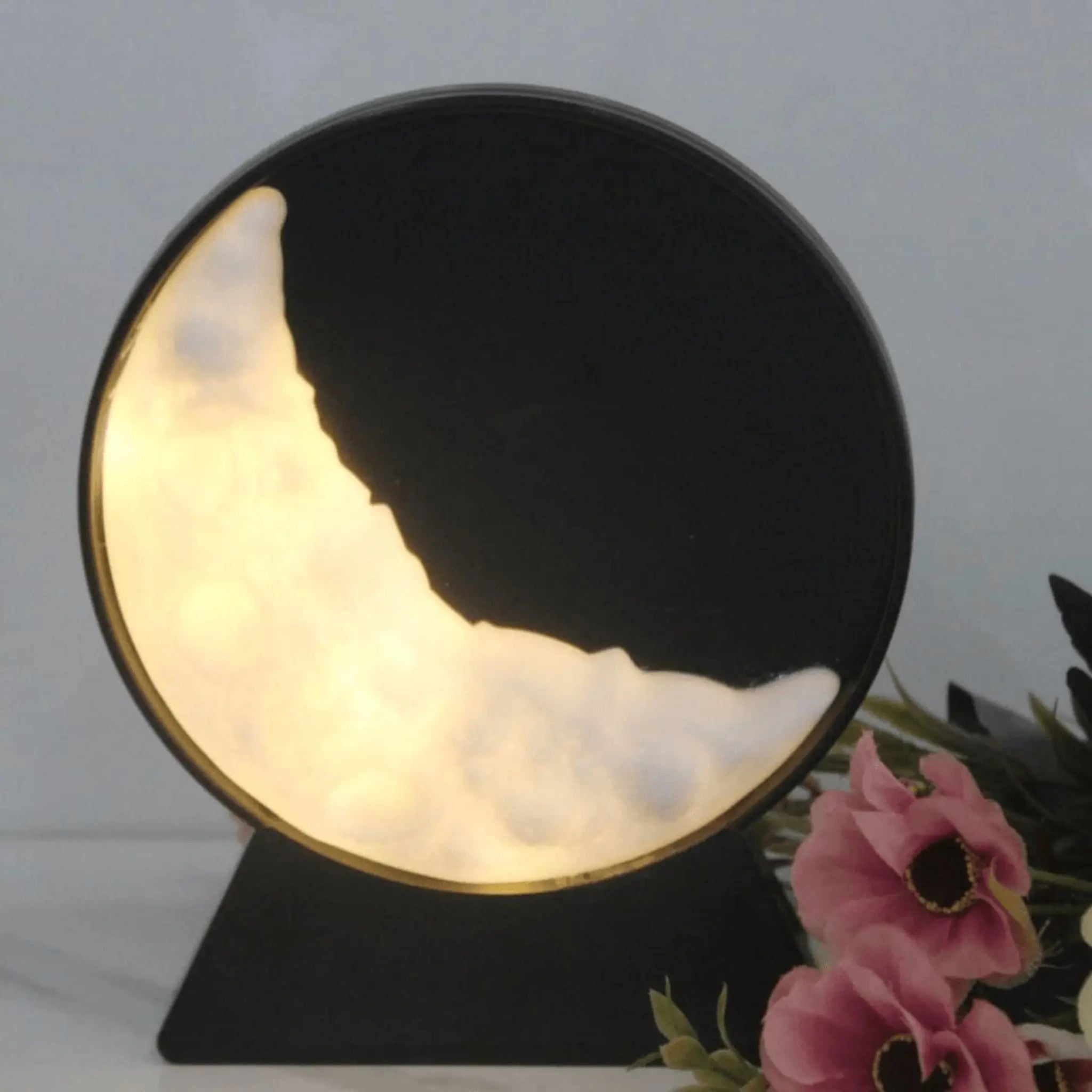 Lampe lune noire avec éclairage LED, idéale pour décoration moderne et cosy