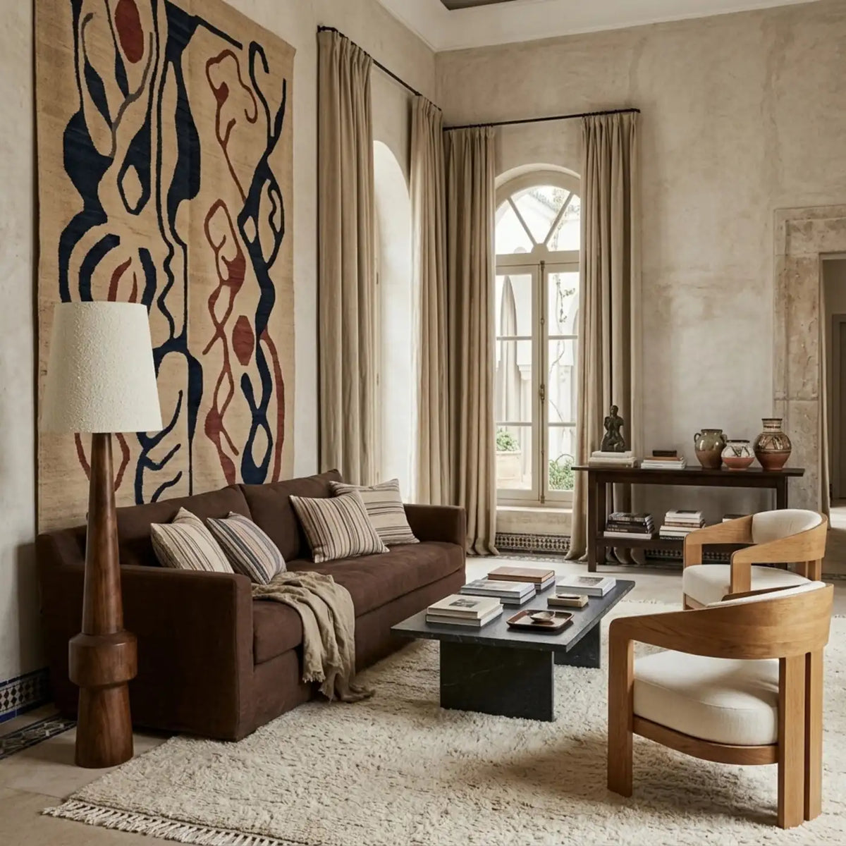 Lampe sur pied Atlas à côté d'un canapé marron, sous une grande tapisserie graphique, avec fauteuil en bois et fenêtre en arche