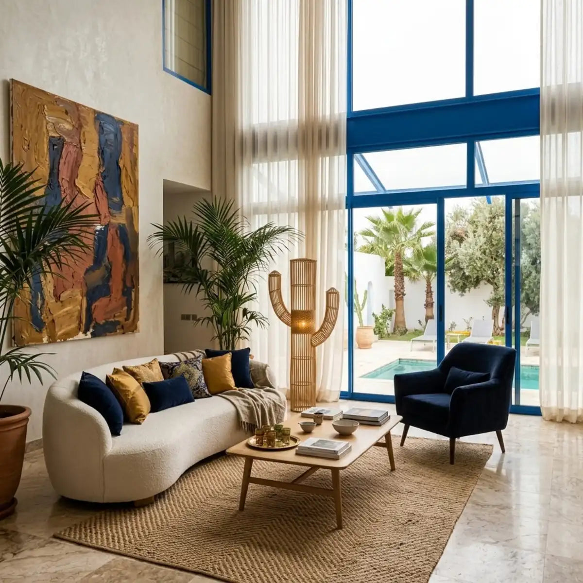 Lampadaire cactus en rotin à côté d'un fauteuil bleu marine, près d'un canapé courbe et de baies vitrées sur la piscine