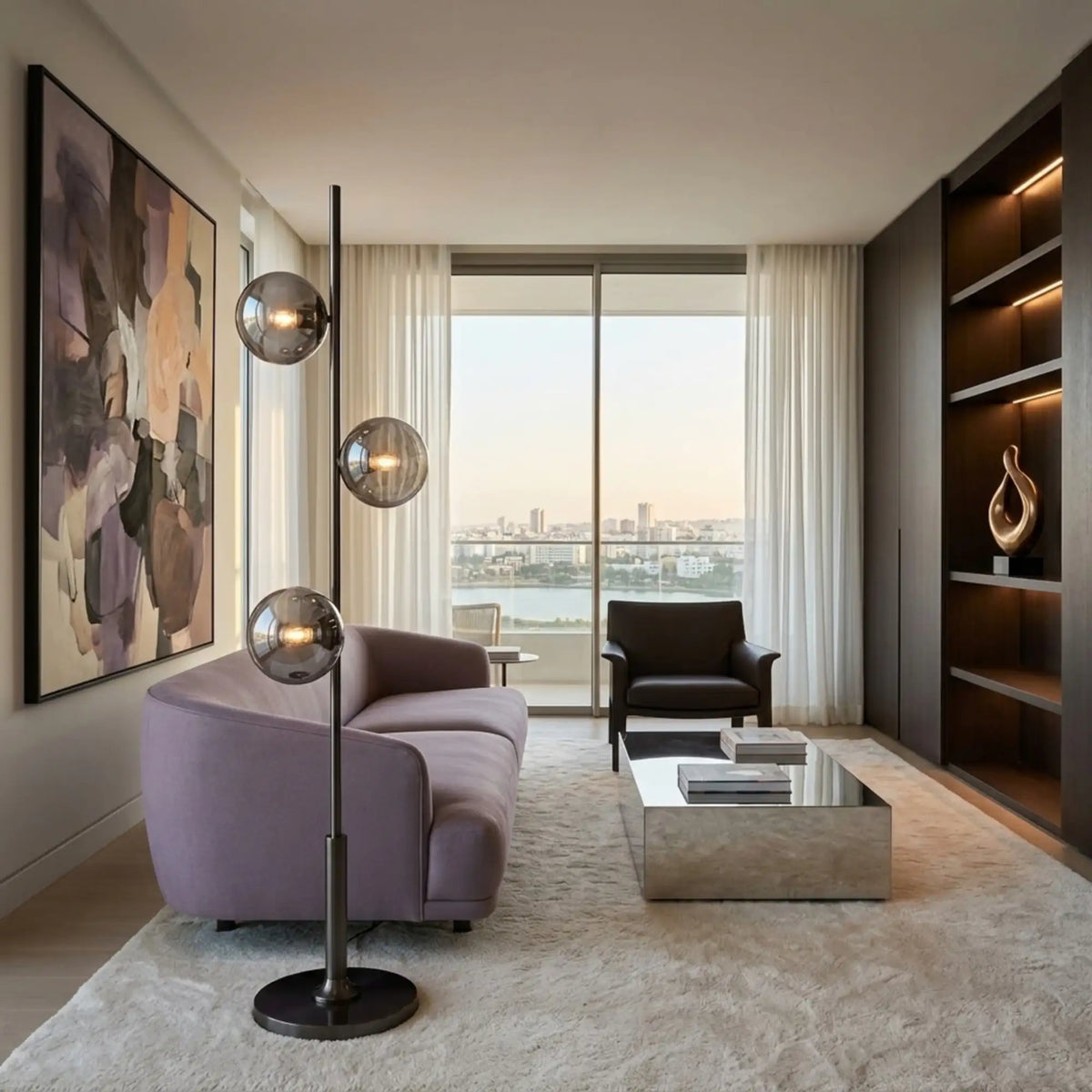 Lampe sur pied à globes fumés dans un salon d'appartement avec vue sur le lac