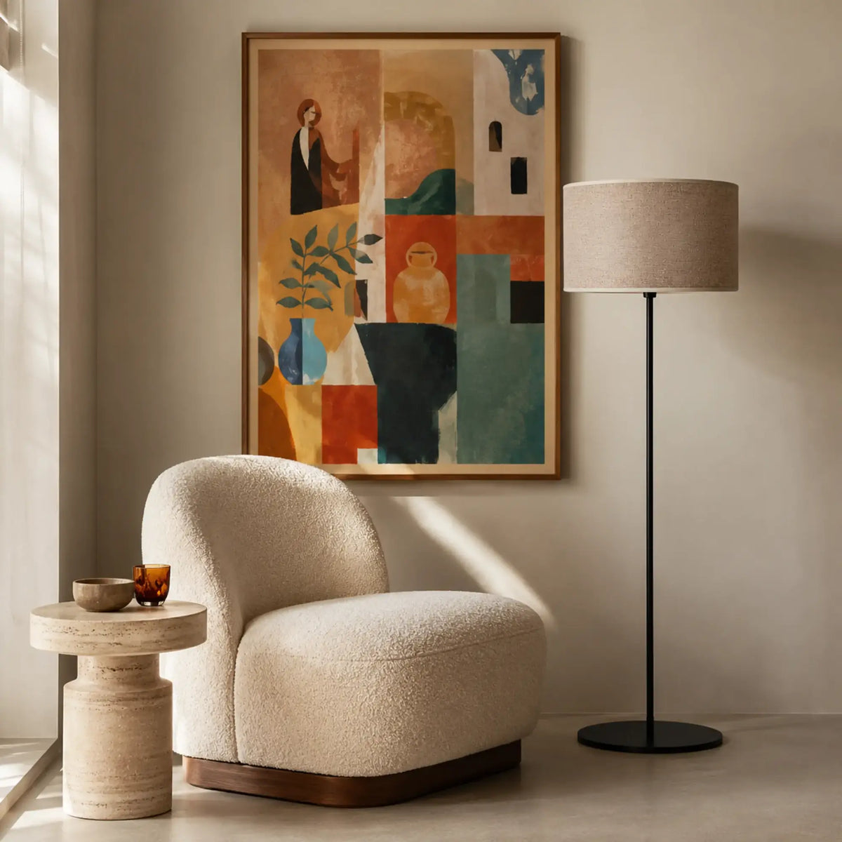 Lampe sur pied à abat-jour gris à côté d'un fauteuil bouclette et d'une table en travertin