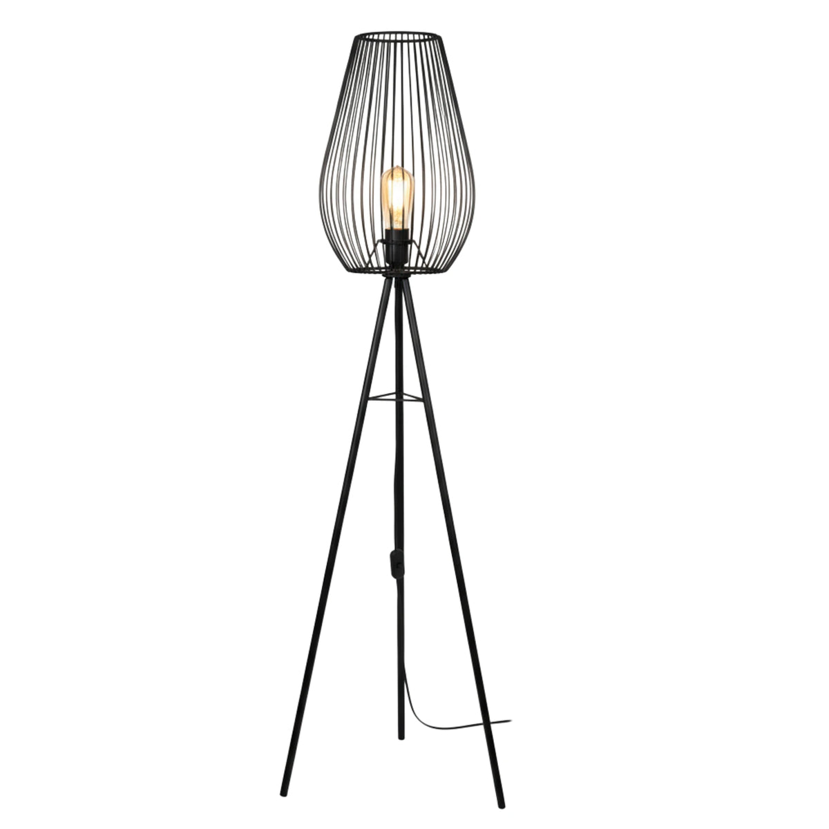 Lampe sur pied trépied en métal noir avec abat-jour cage en forme de goutte et ampoule visible, sur fond blanc