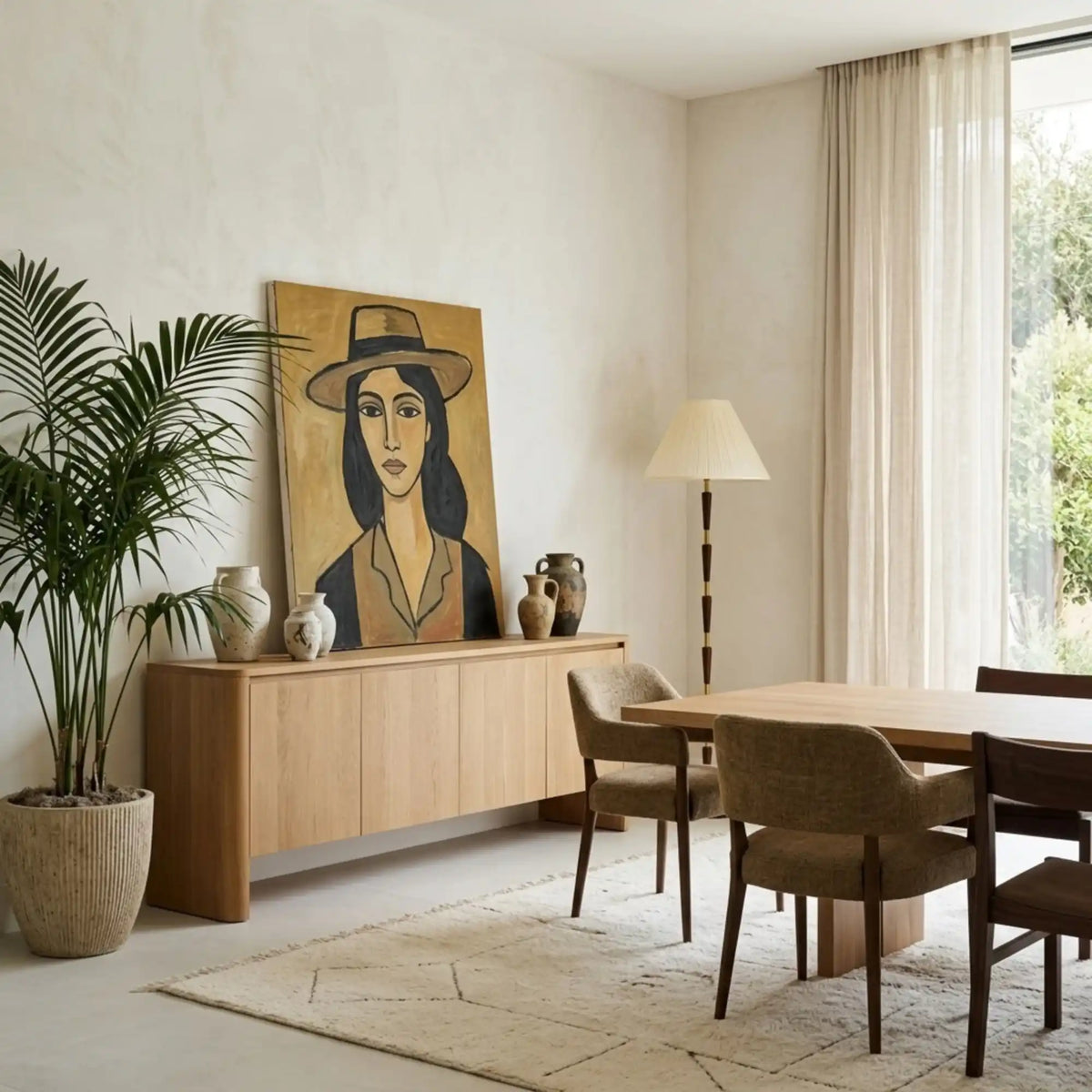 Lampadaire Mid-Century Laiton & Noyer – Abat-jour Plissé Crème