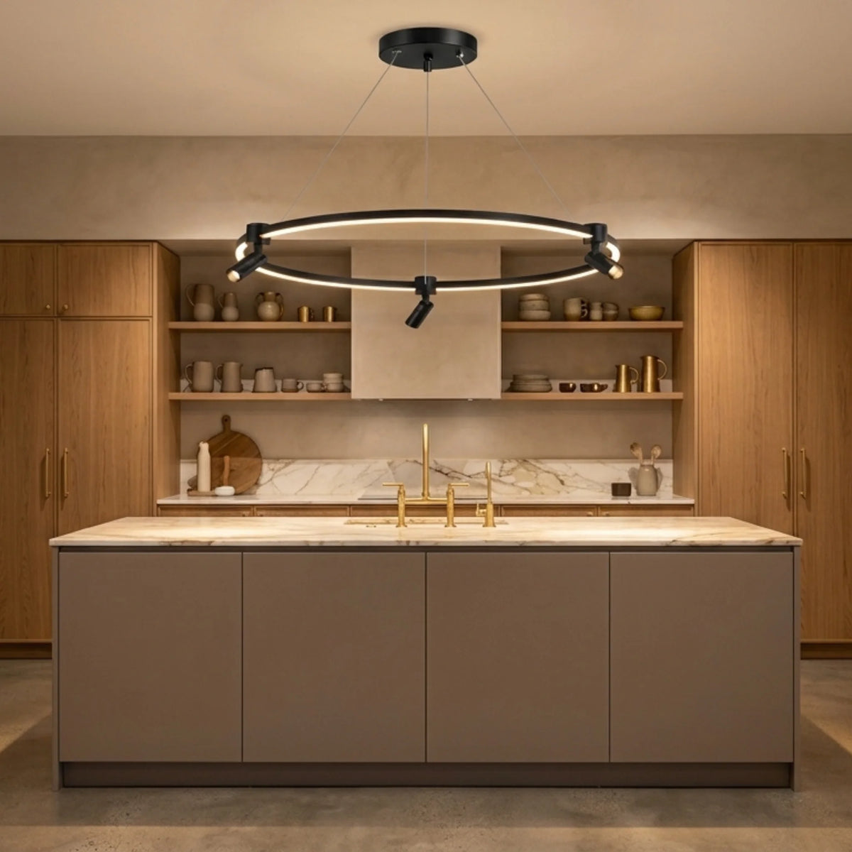 Lustre anneau LED noir moderne éclairant une pièce lumineuse