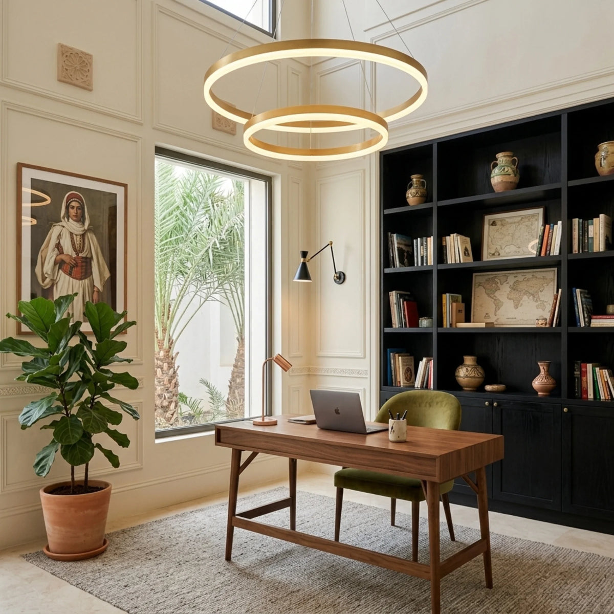 Lustre à anneaux LED doré dans un bureau avec bibliothèque noire et plantes