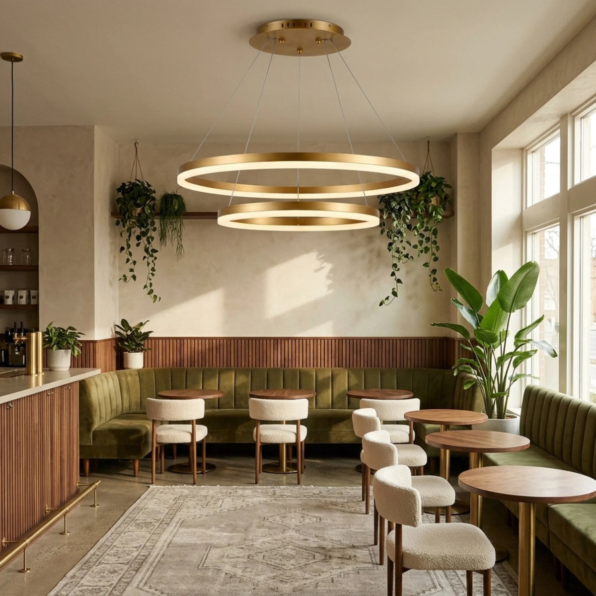 Lustre à anneaux LED doré dans un café avec banquette verte et plantes
