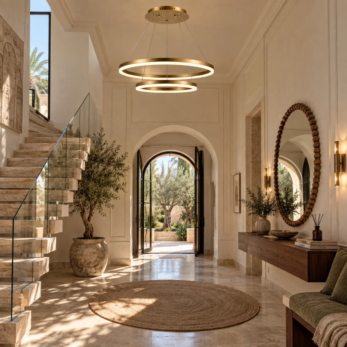 Lustre à anneaux LED doré dans une entrée avec escalier et arche