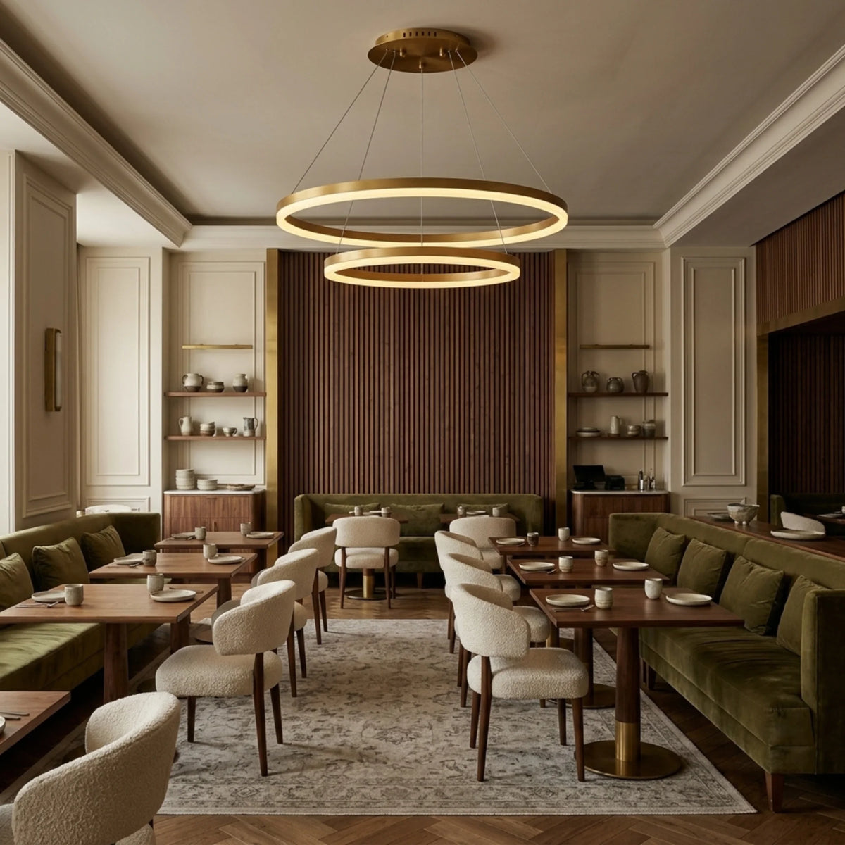 Lustre à anneaux LED doré dans un restaurant aux banquettes vertes