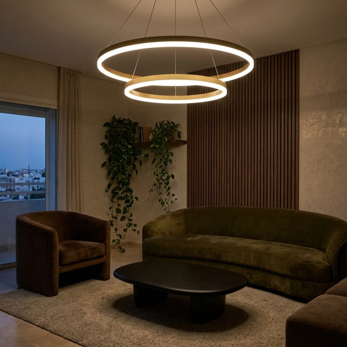 Lustre à anneaux LED doré allumé dans un salon en soirée avec vue sur la ville