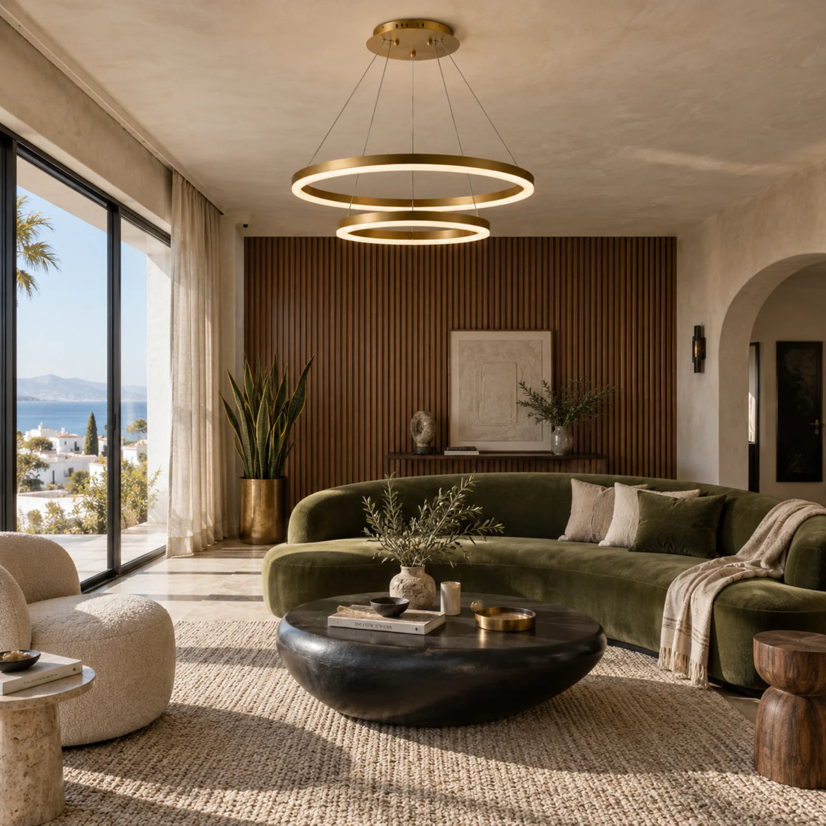 Lustre à anneaux LED doré dans un salon avec canapé vert et vue sur la mer