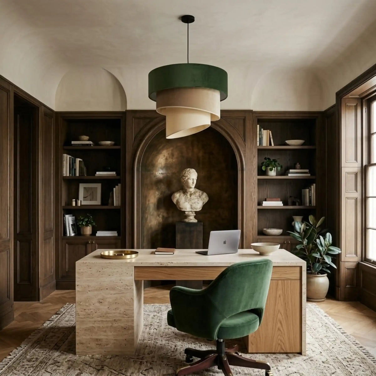 Lustre en velours vert au-dessus d'un bureau en travertin et chêne, fauteuil en velours vert et niche au buste