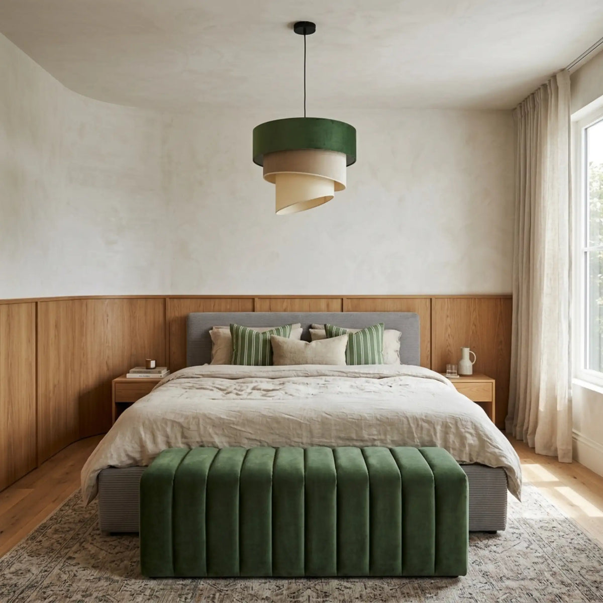 Lustre velours vert et crème dans une chambre au soubassement en chêne, banc capitonné vert au pied du lit