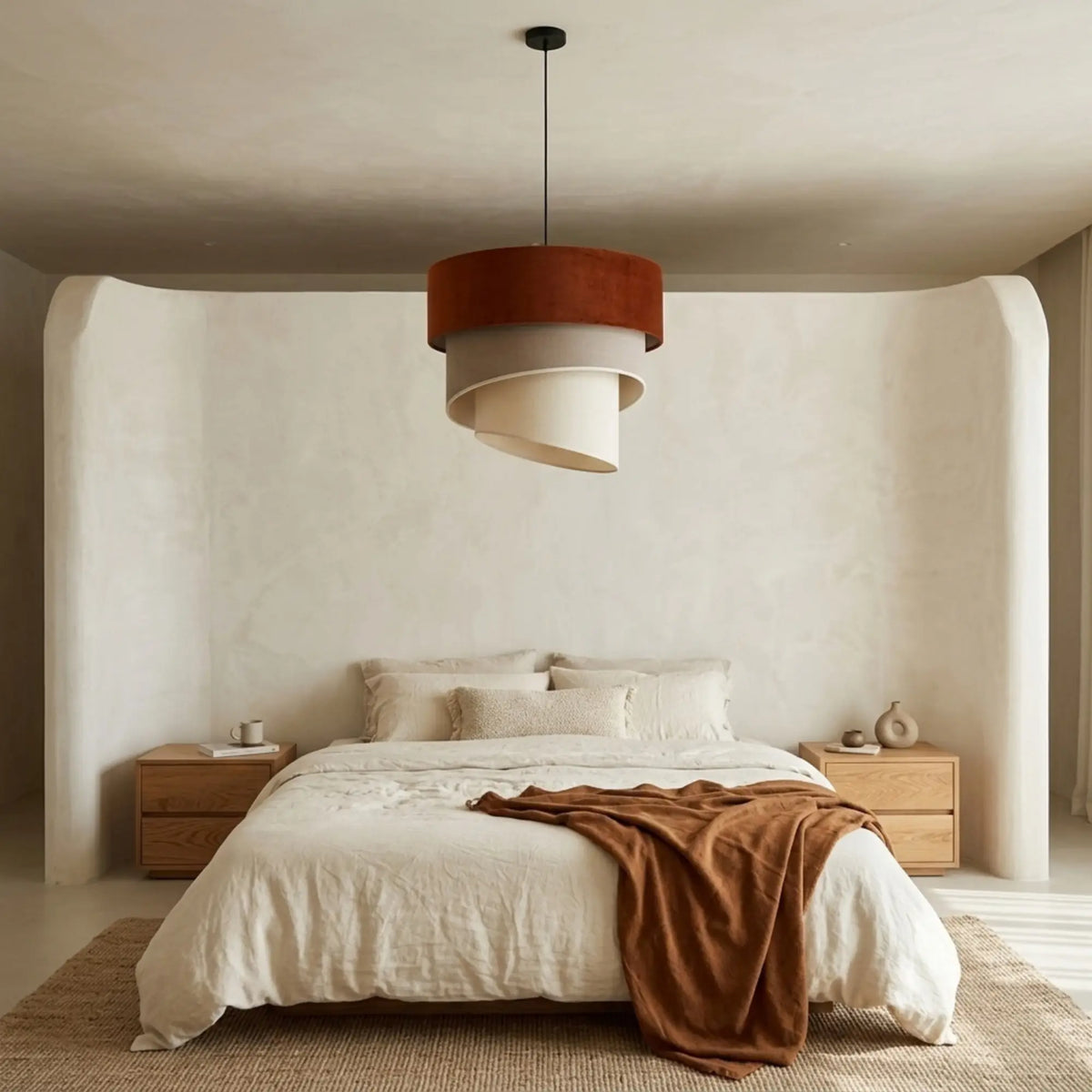 Lustre terracotta et beige dans une chambre aux murs en enduit beige, plaid rouille sur le lit