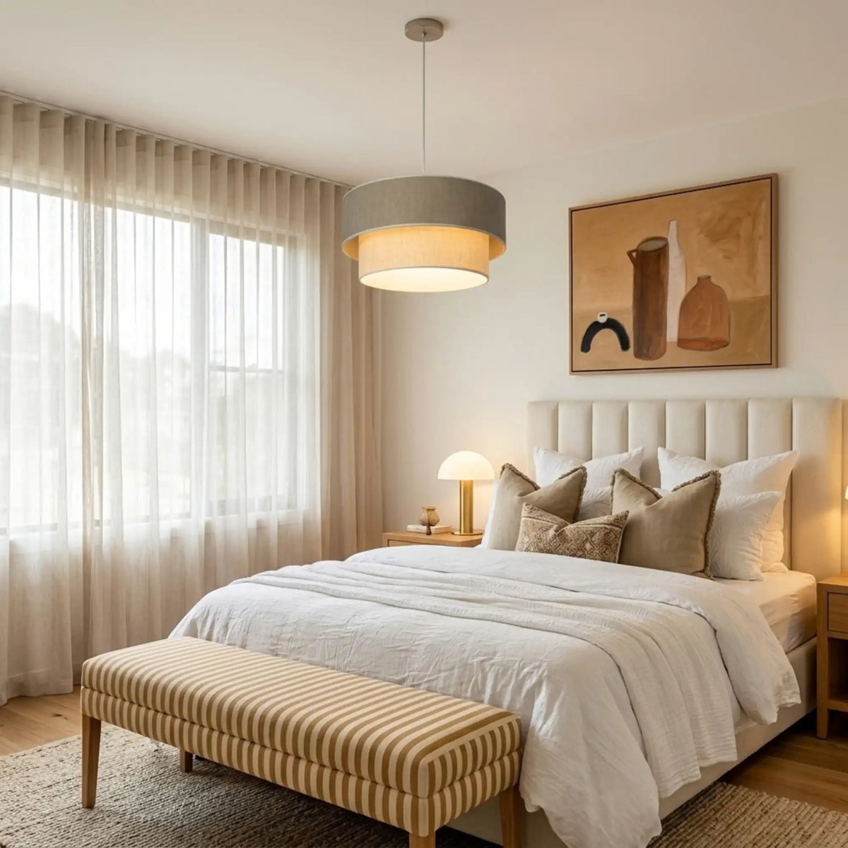 Suspension taupe et beige au-dessus d'un lit à tête capitonnée, banc rayé au pied du lit