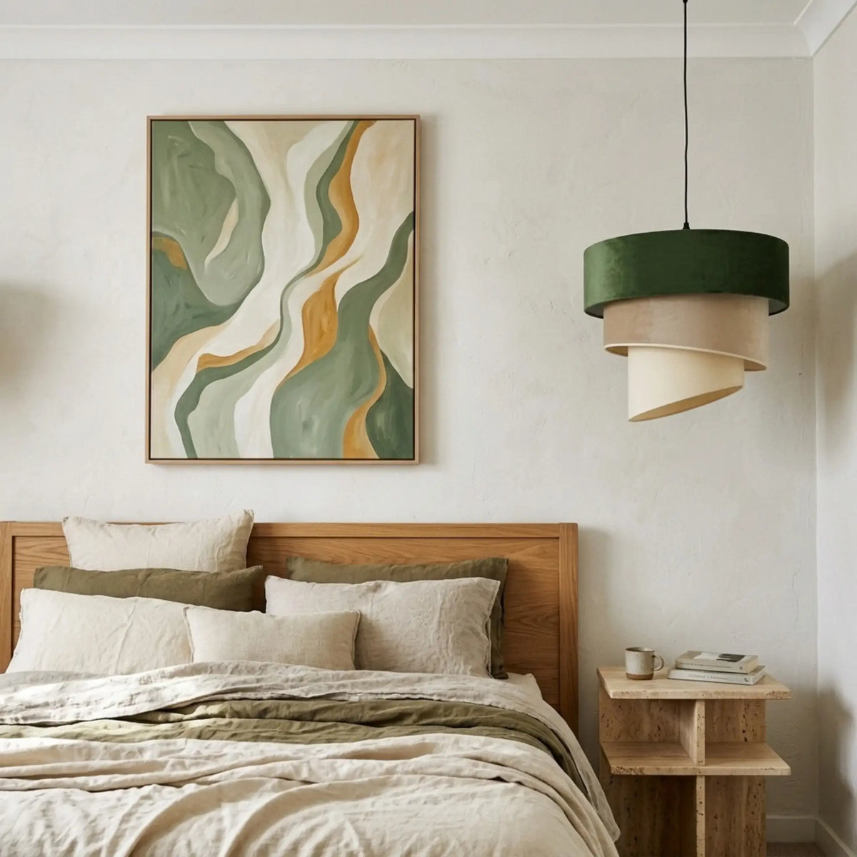 Lustre en velours vert près d'un lit en chêne, sous un tableau abstrait vert et ocre