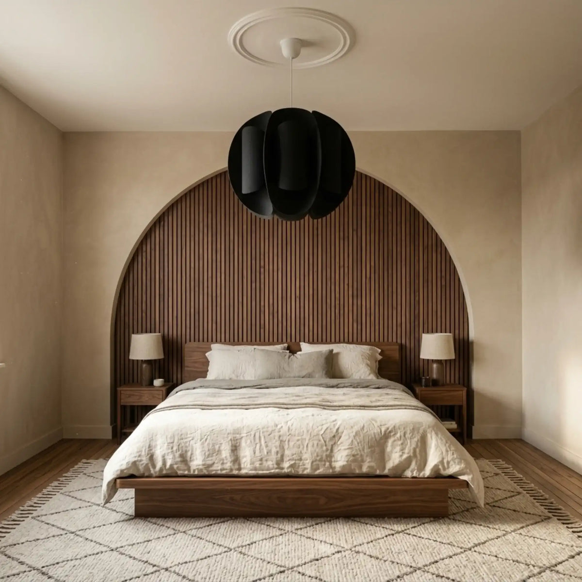 Lustre noir à pétales suspendu dans une chambre à tête de lit en arche de tasseaux de bois