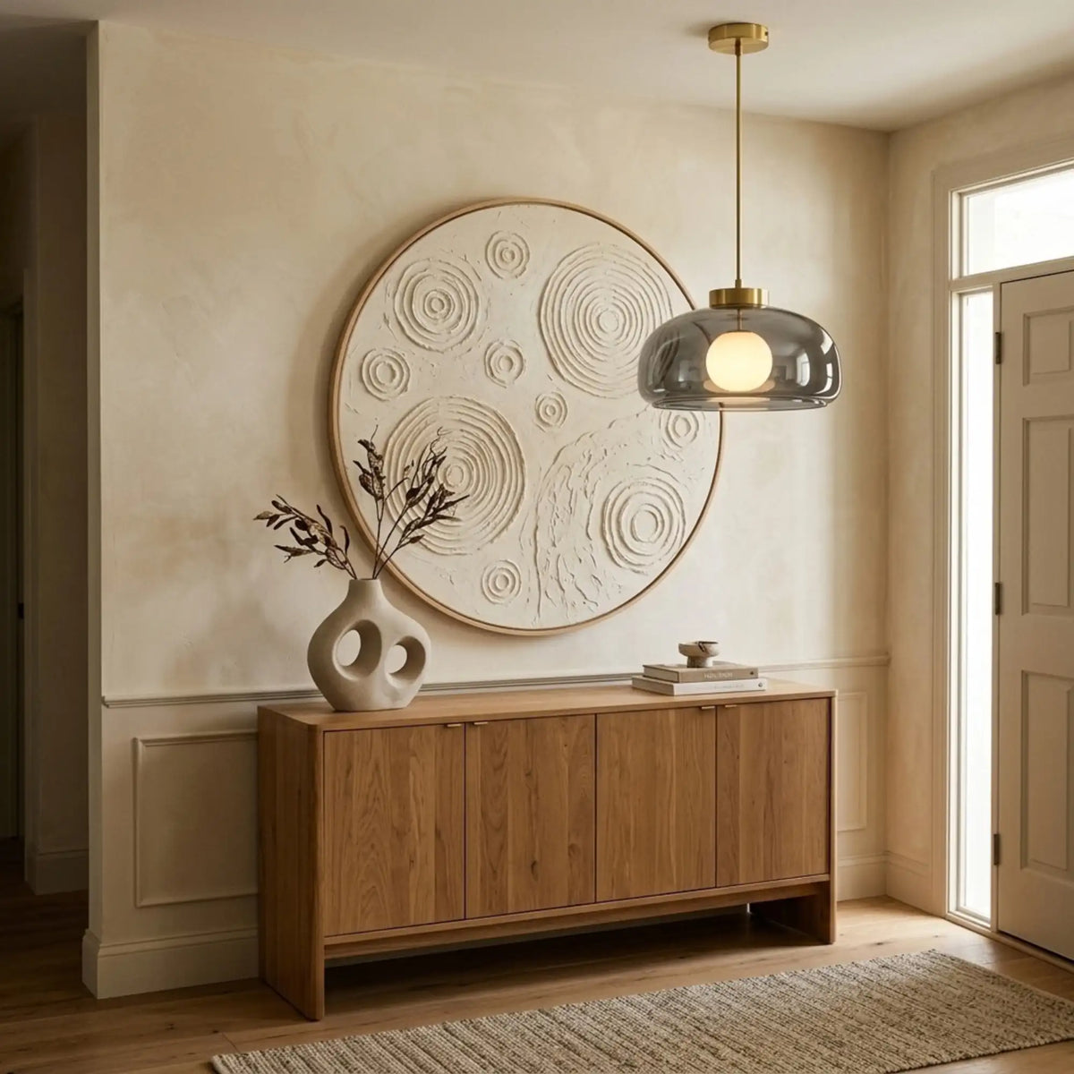 Lustre en verre fumé noir dans une entrée, buffet en chêne et grande œuvre ronde en relief