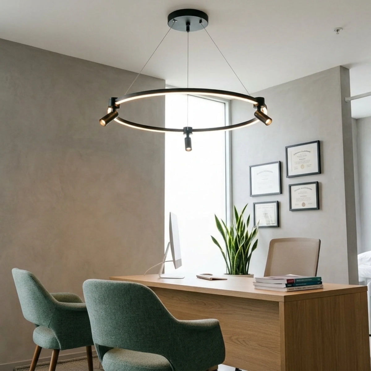 Lustre circulaire LED noir design dans un bureau de direction avec vue sur la ville