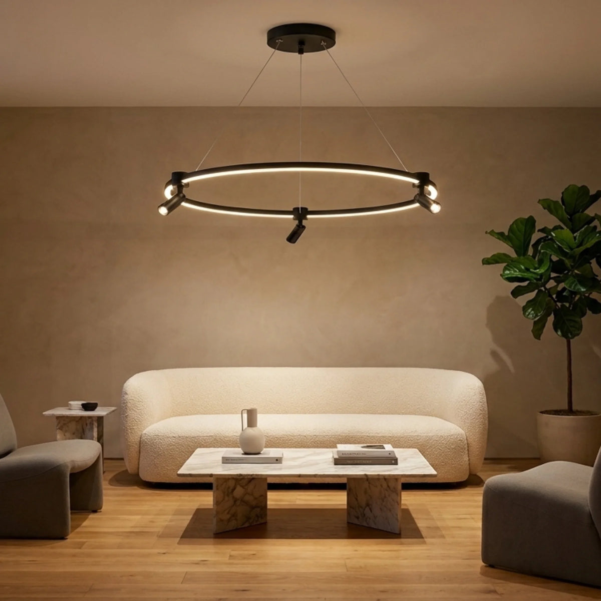Lustre LED moderne noir à spots au-dessus d'un salon design beige