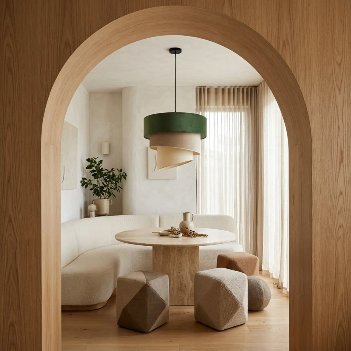 Lustre velours vert vu à travers une arche en chêne, coin repas avec banquette arrondie et poufs