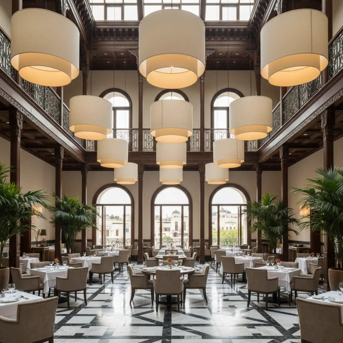 Plusieurs suspensions en tissu beige éclairant un restaurant à atrium avec arcades