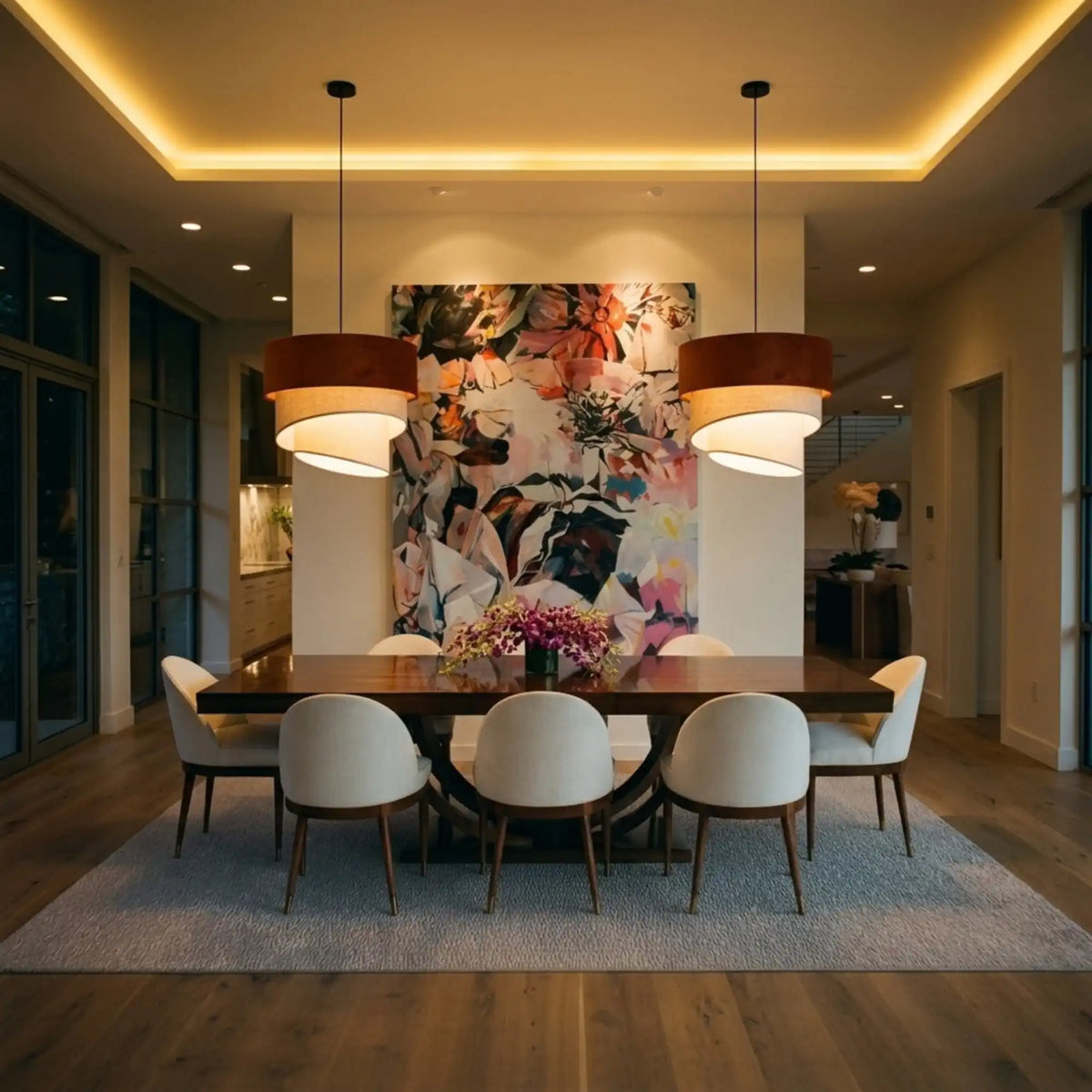Duo de lustres terracotta et beige au-dessus d'une table de salle à manger, tableau floral