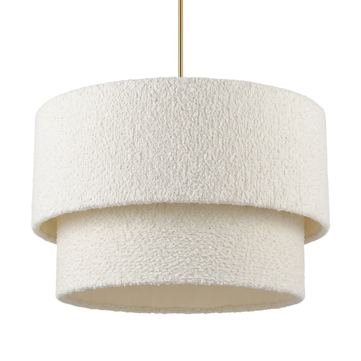 Lustre double tambour en tissu bouclette écru avec tige dorée, de Fiolla Home, sur fond blanc