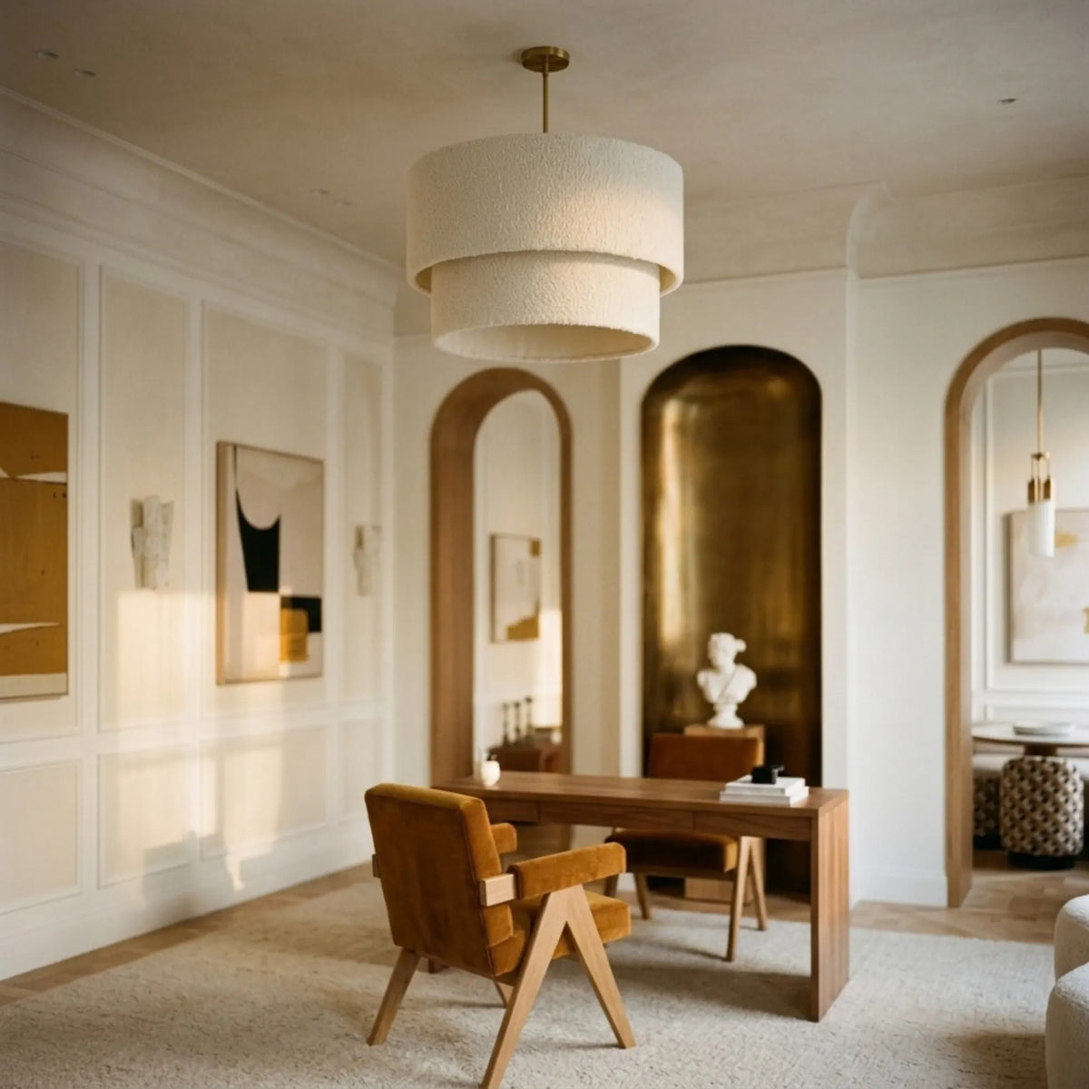 Lustre en tissu bouclette dans un bureau aux arches, niche dorée et fauteuil en velours ocre