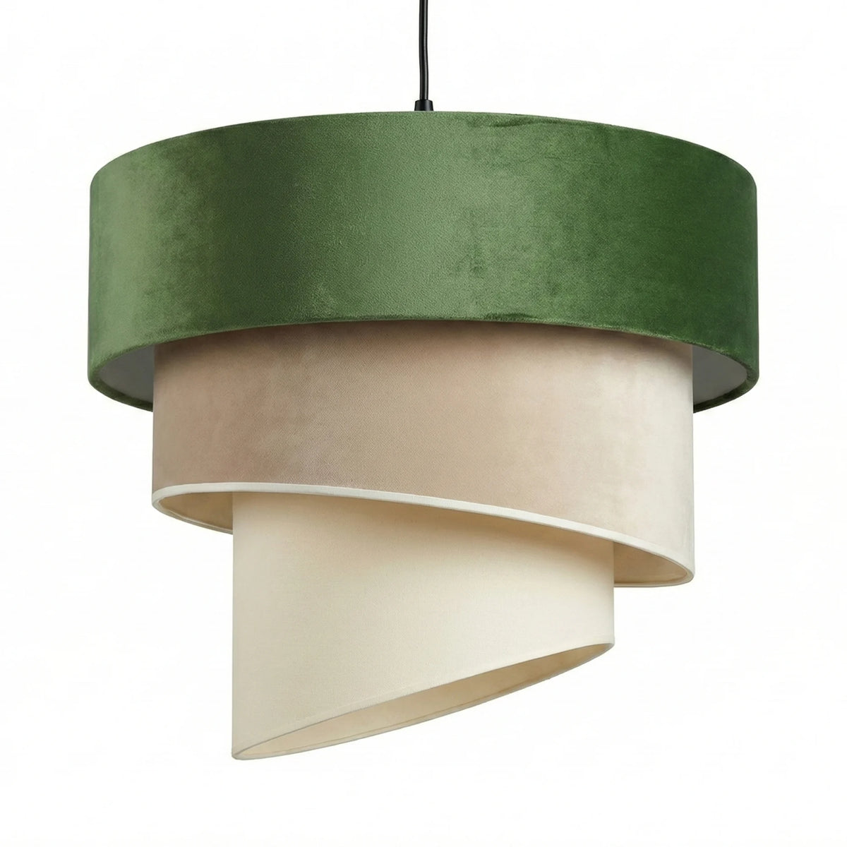 Lustre moderne en velours vert olive, volutes beige taupe et crème étagées, de Fiolla Home, sur fond blanc