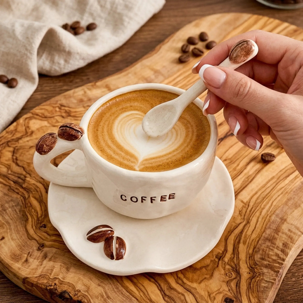 Set mug coffee soucoupe cuillère grains café 3D
céramique fait main Tunisie — artisanal Fiolla Home
