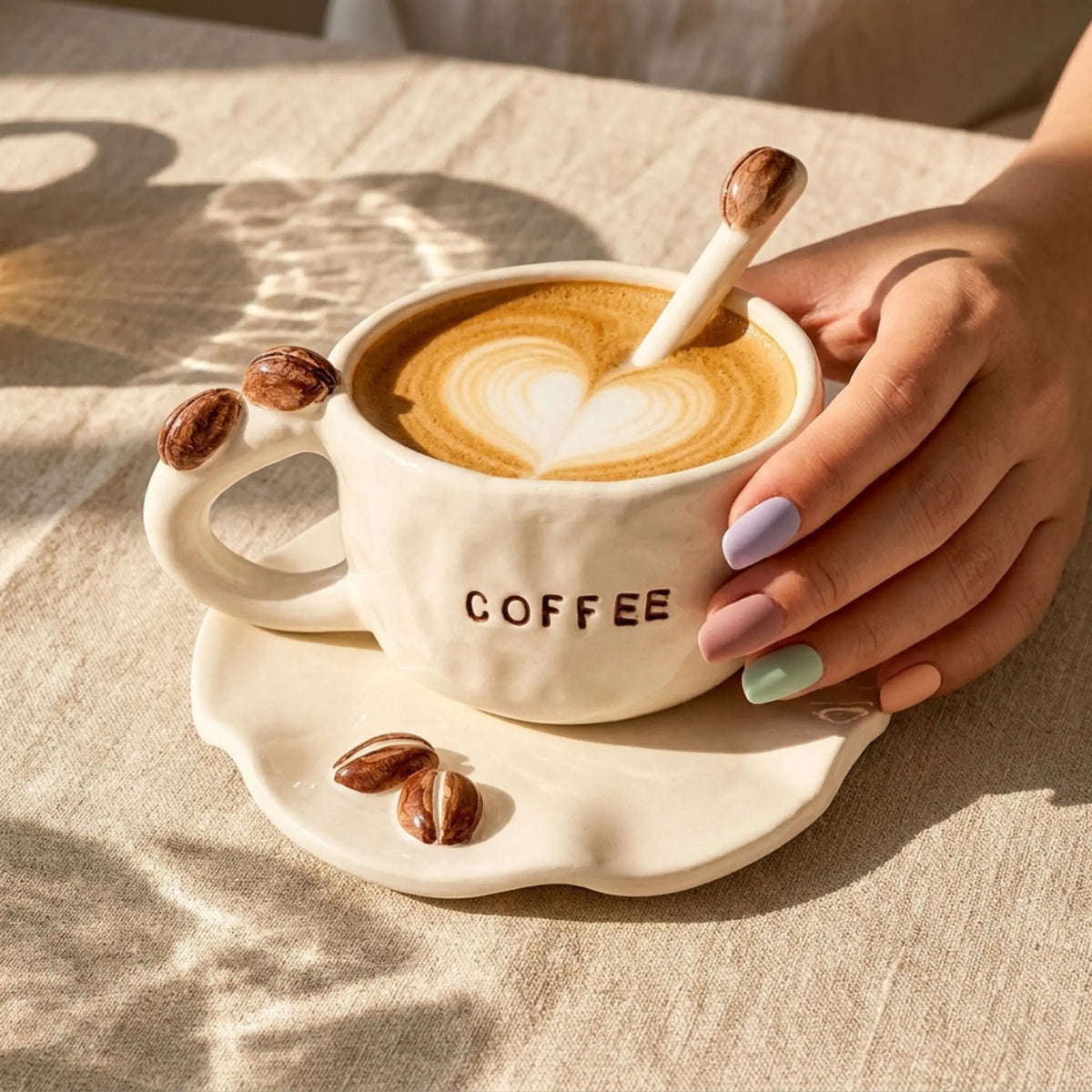 Mug coffee latte art cœur céramique grains café 3D
fait main Tunisie artisanal — tasse Fiolla Home