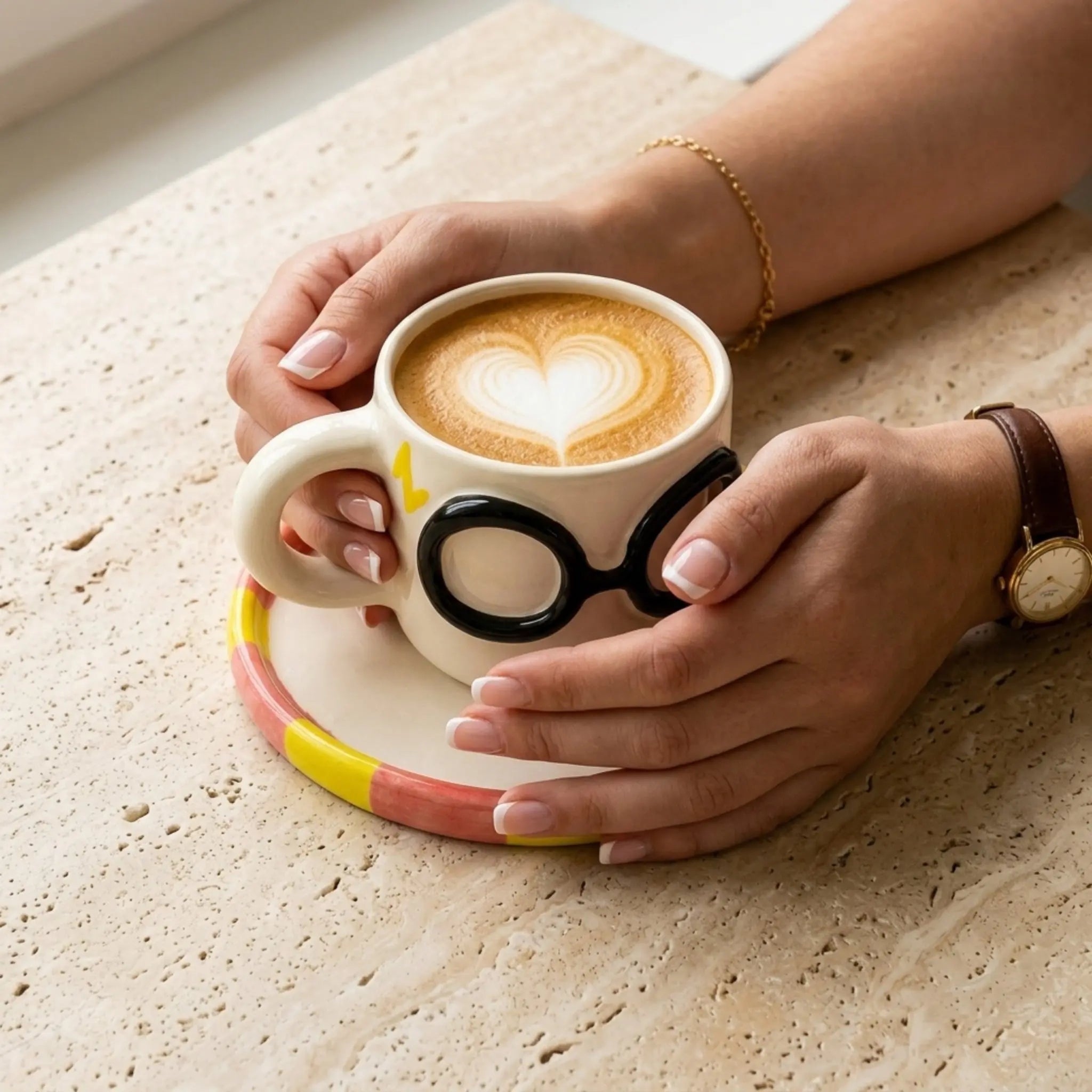 Mug Harry Potter céramique main travertin latte art
cœur soucoupe rose jaune — artisanal Fiolla Home