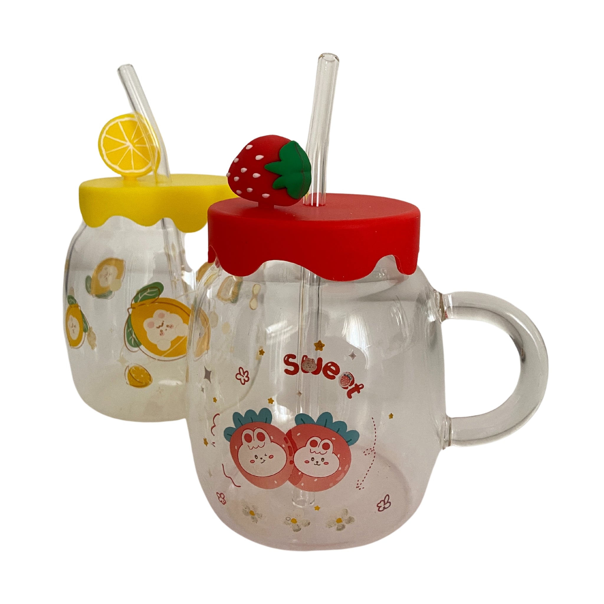 Mug en verre avec couvercle en silicone et motif fraise