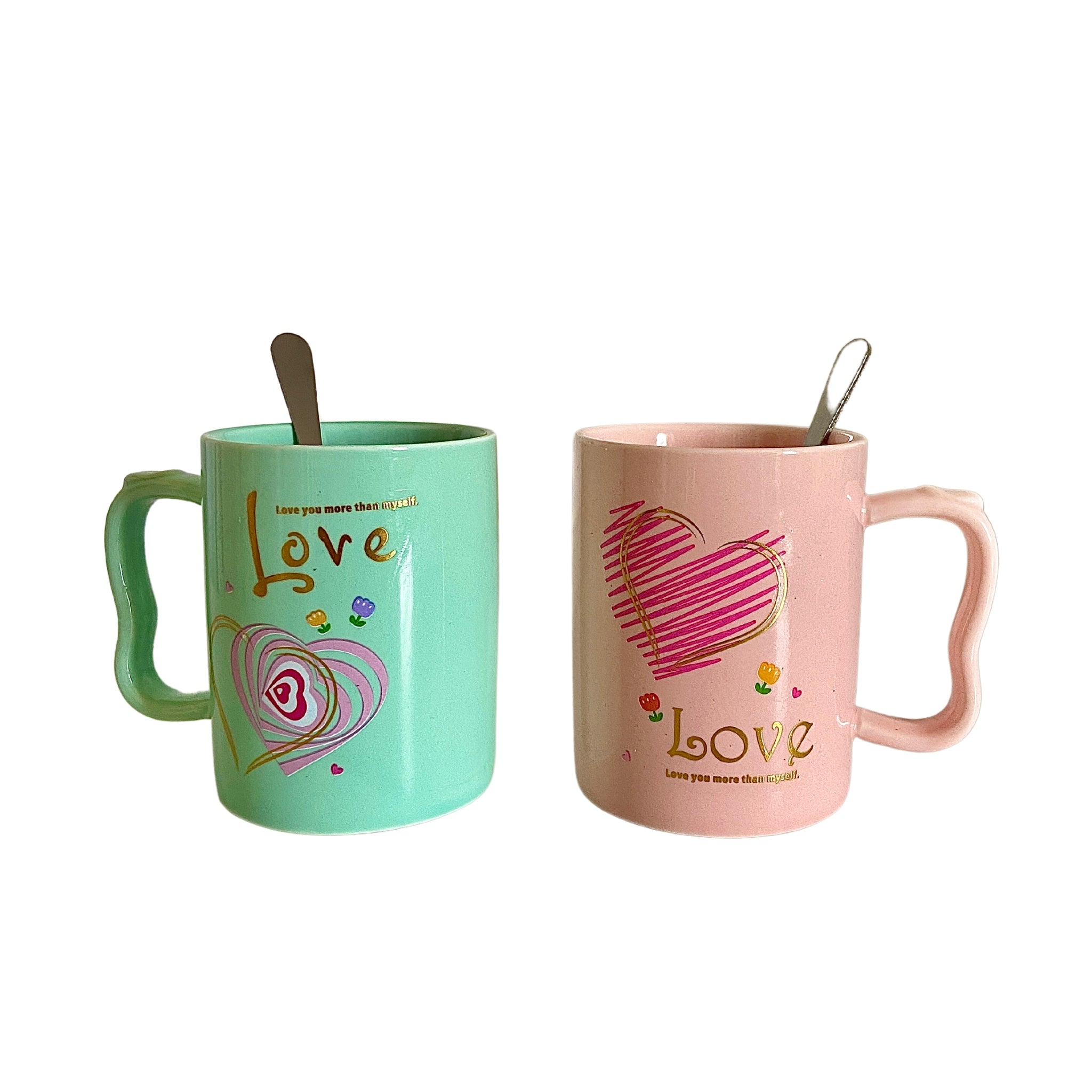 Mugs Love en céramique avec motifs romantiques et cuillères assorties