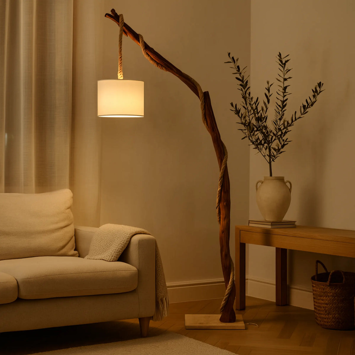 Lampadaire salon en bois naturel placé à côté d'un canapé beige, près d'une console avec un vase de branches d'olivier