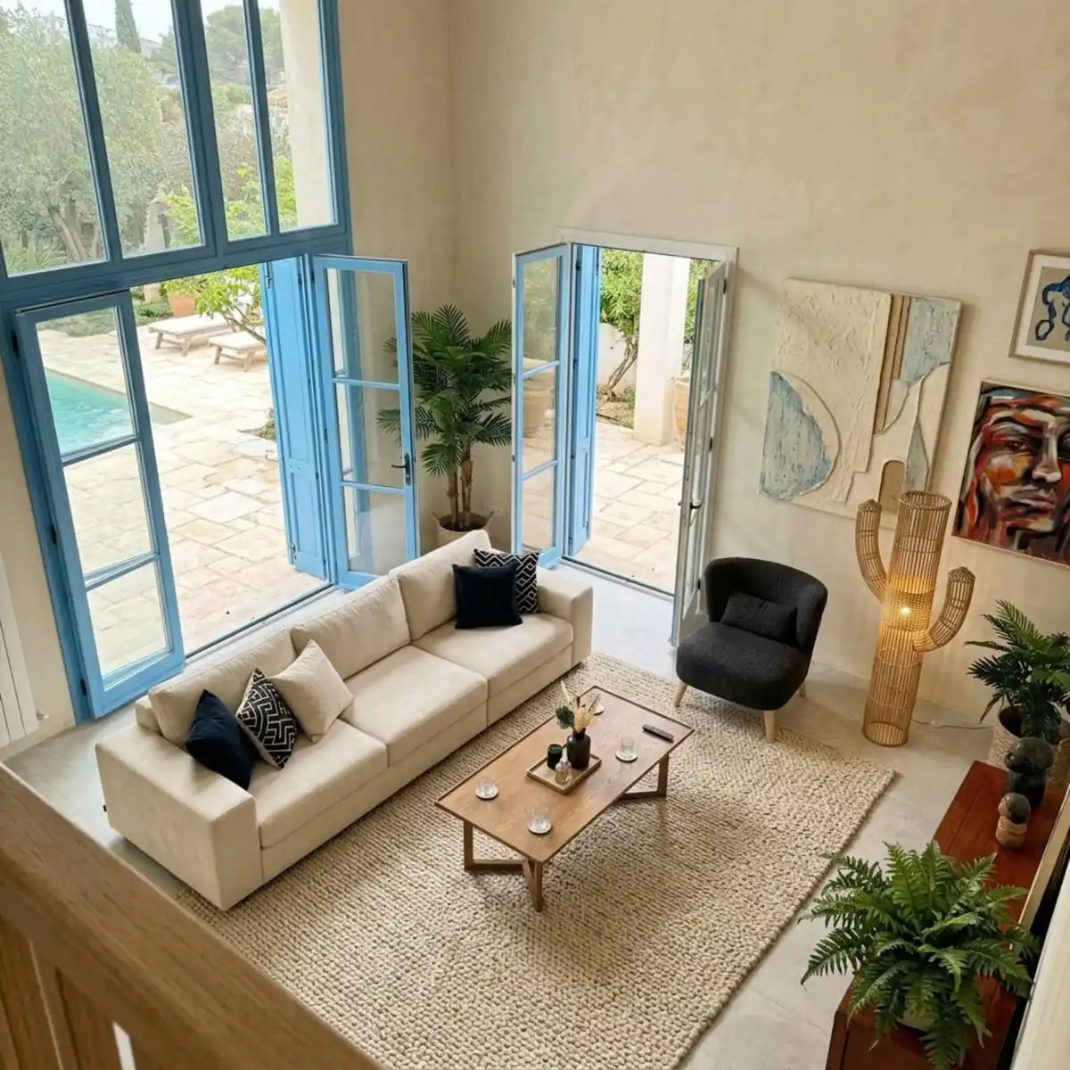 Vue plongeante d'un salon avec lampadaire cactus en rotin dans l'angle, canapé crème et portes bleues ouvertes