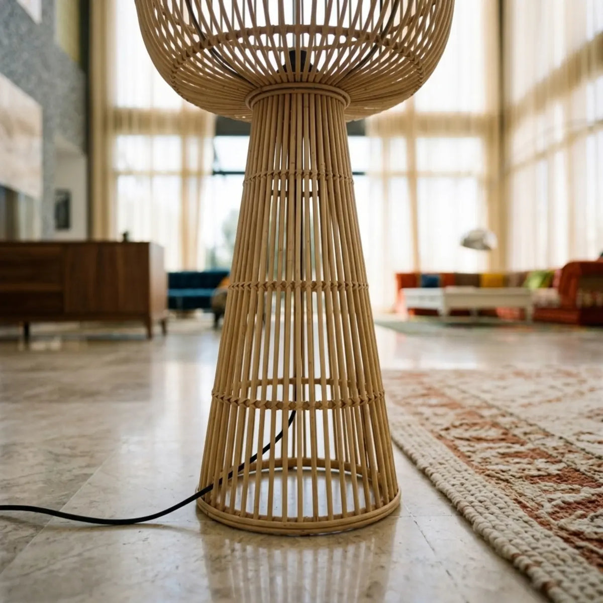 Gros plan sur le pied conique en tiges de rotin du lampadaire, posé sur un sol en pierre près d'un tapis