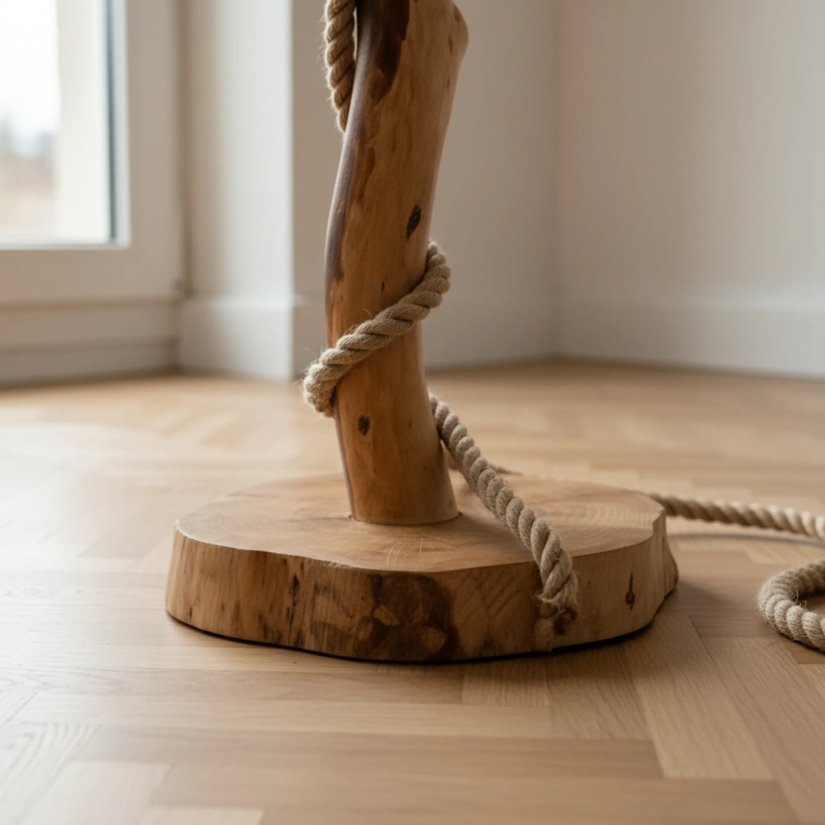 Détail du socle en rondin de bois massif et de la corde de jute enroulée autour du pied du lampadaire