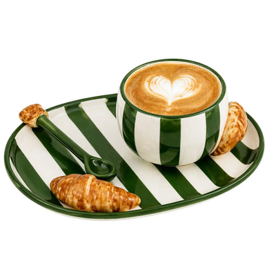 Mug anse croissant rayé vert fait main Tunisie main
latte art soucoupe cuillère céramique — Fiolla Home