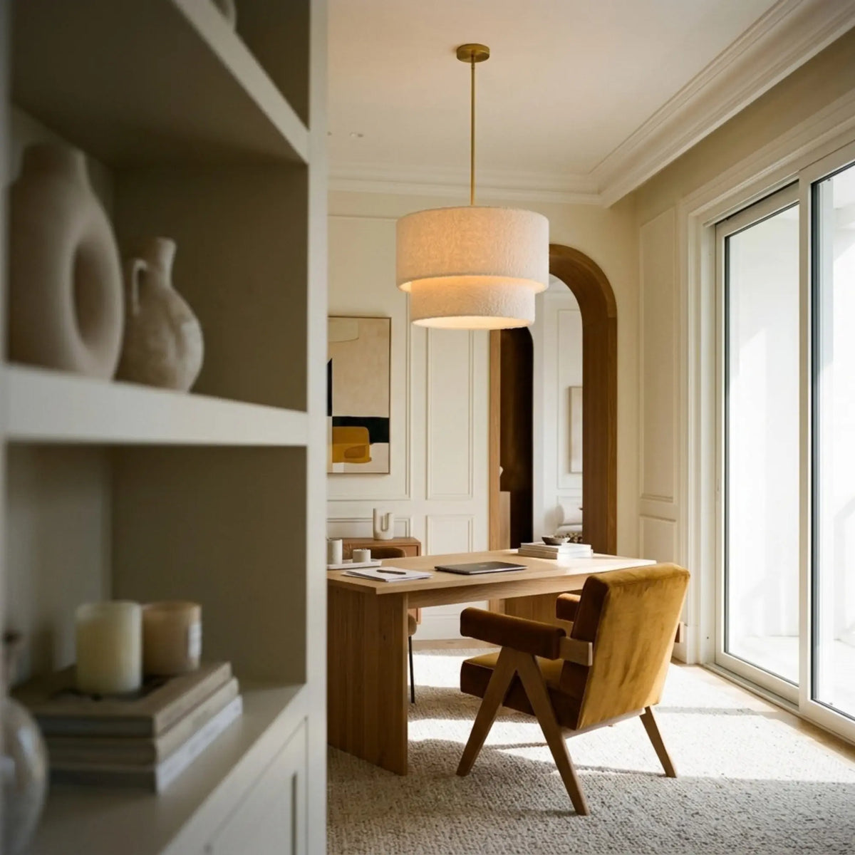 Suspension bouclette au-dessus d'un bureau en bois avec fauteuil en velours ocre, vue depuis des étagères