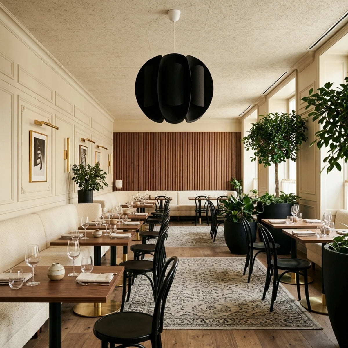 Suspension boule noire dans un restaurant aux banquettes crème et chaises noires