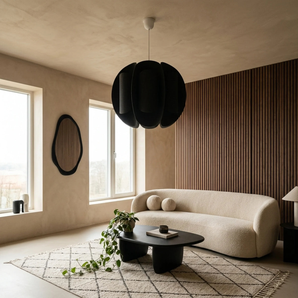 Suspension boule noire dans un salon avec mur en lattes de bois et canapé bouclé