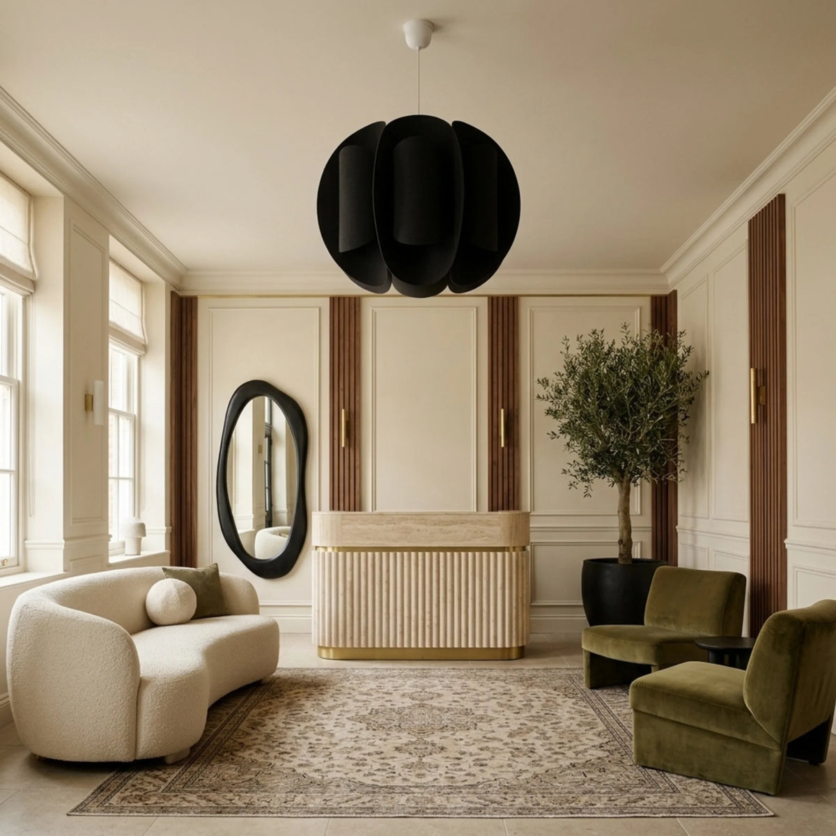 Suspension boule noire dans un salon de réception avec canapé bouclé et olivier