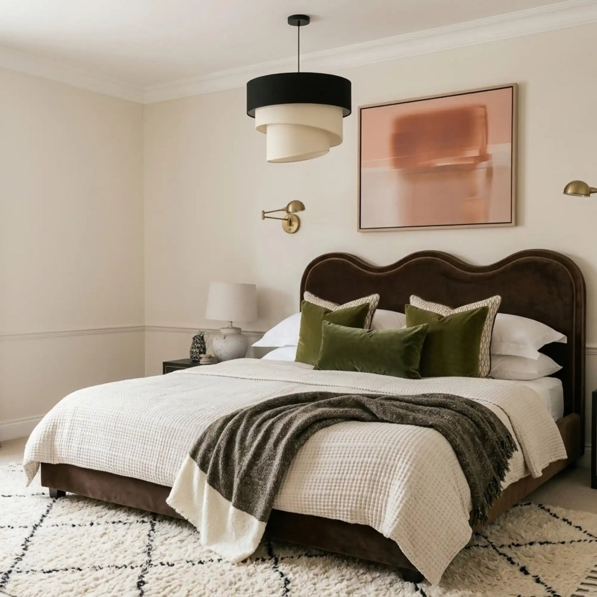 Suspension noir et écru au-dessus d'un lit à tête en velours marron et coussins verts