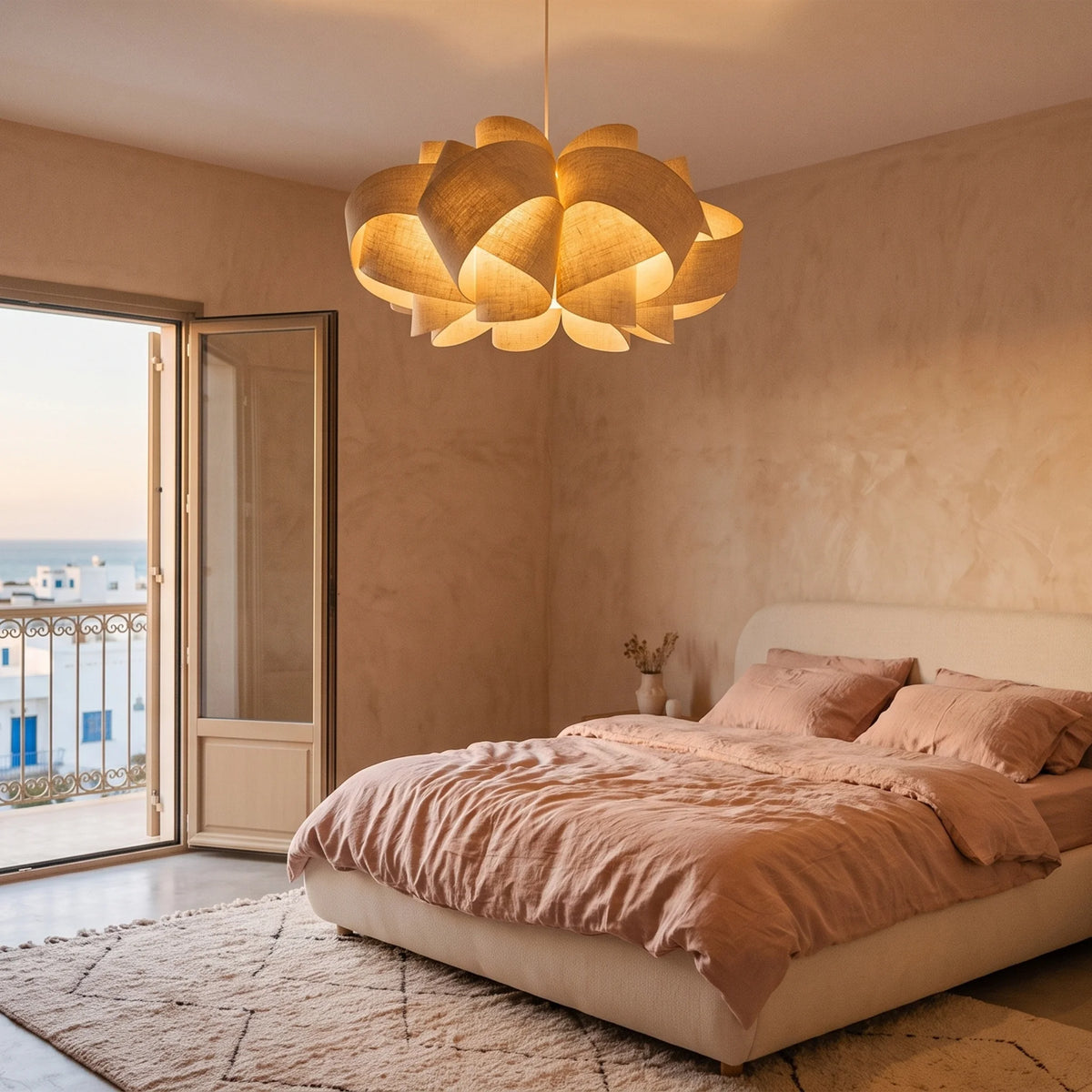 Suspension fleur en lin beige éclairant une chambre moderne aux tons neutres