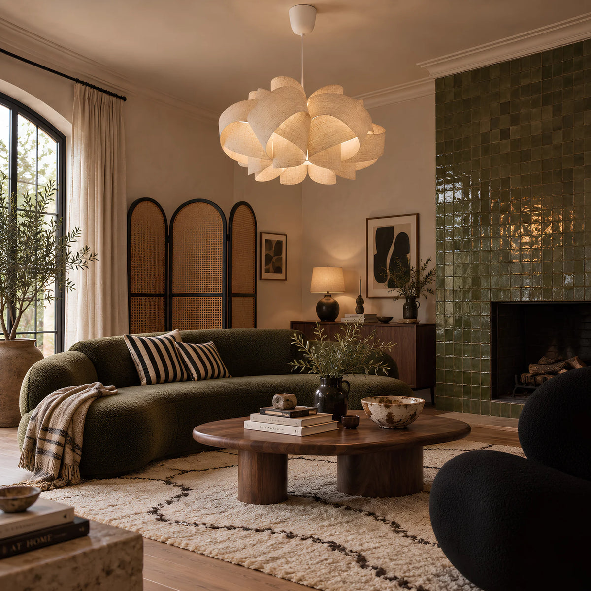 Suspension design en lin au-dessus d'un canapé bouclé dans un salon